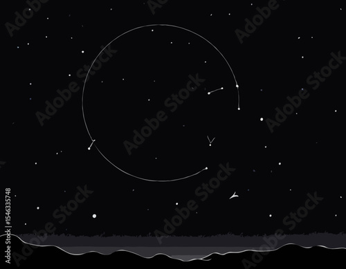 Abstract Line Art Timelapse of Starry Night Sky with Celestial Orbits and Constellations for Astrological Designs.