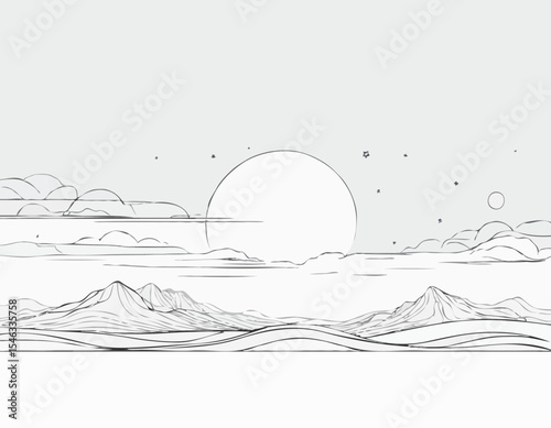 Elegant Continuous Line Art Depicting Dawn to Dusk Sky Transition