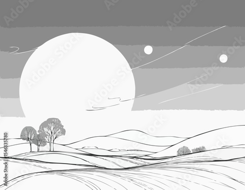 Elegant Continuous Line Art Depicting Dawn to Dusk Sky Transition