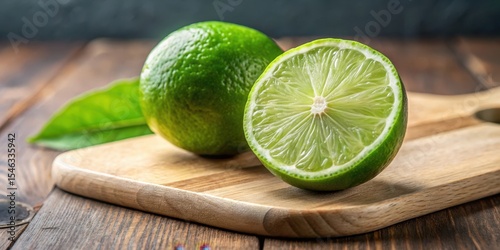 Fresh green lime with a cut in half on a wooden cutting board