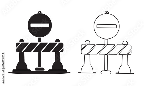 Barrier stop sign flat, line icons set. Block obstacle stripped fence with road sign. Under construction highway restricted symbol. Travel prohibited pictogram.