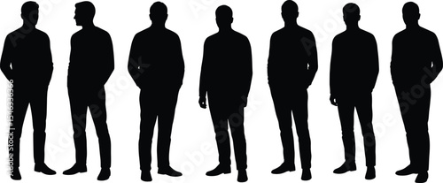 Silhouette of casual standing men, group of male figures, fashion posture, relaxed stance, vector illustration, teamwork, male model pose