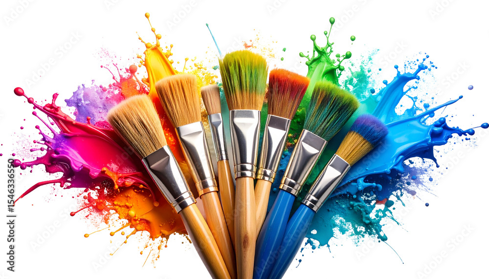 Obraz premium Paint Brushes with Colorful Splashes on a Clean White Background