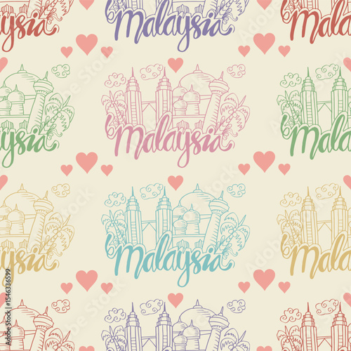 Seamless pattern with Malaysia travel landmark. World country travel landmark icon