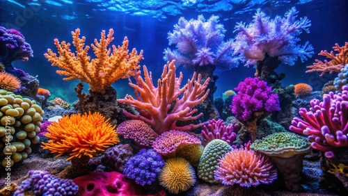Stylophora colorful SPS coral in a saltwater aquarium reef tank with other marine life