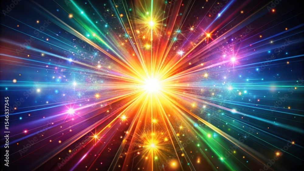 Fototapeta premium Vibrant starburst light with colorful diffraction streaks against a dark background