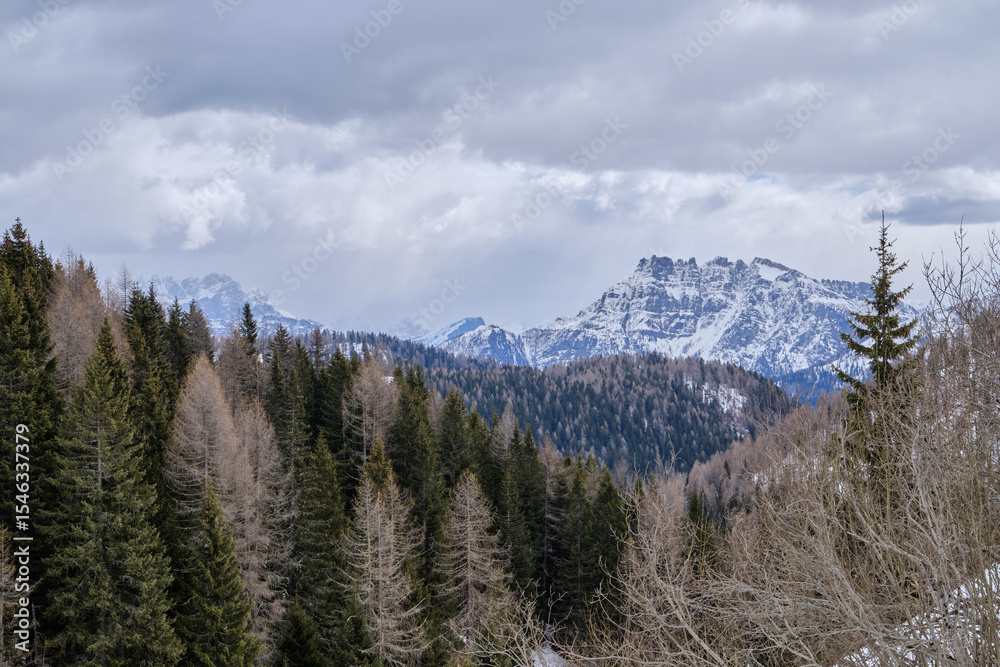 Obraz premium March 2025: winter landscape at Ski Area in Dolomites, Italy - Alpe Lusia. Ski resort in val di Fassa near Moena. Winter Dolomites and blue sky. Aerial view on ski slopes