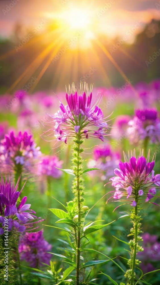 Fototapeta premium Vibrant purple flowers of spider flower blooming in a field