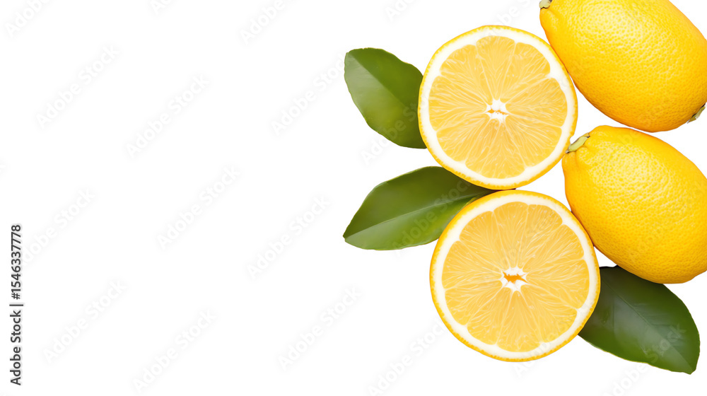 Fresh lemons with green leaves on a white isolated background, perfect for culinary or health-themed projects. Fresh lemons with green leaves on a white isolated background, perfect for culinary or health-themed projects.