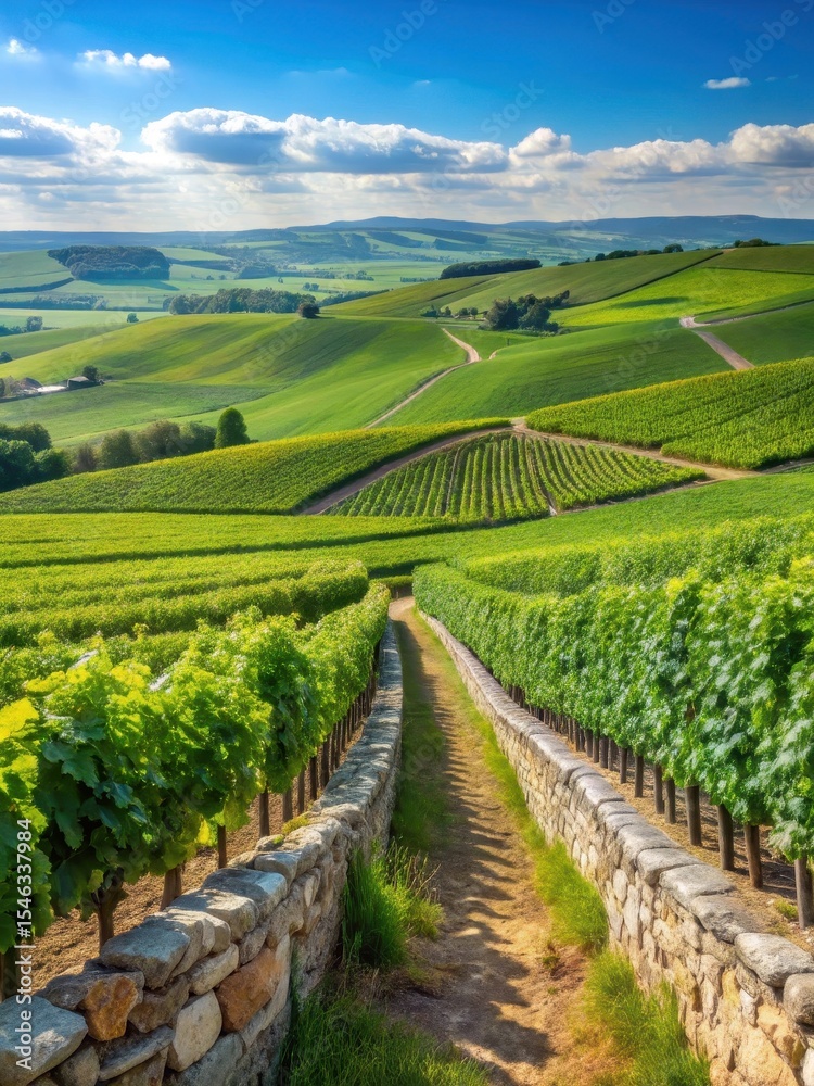 Fototapeta premium Rolling hills with grapevines and a stone wall in the Champagne region