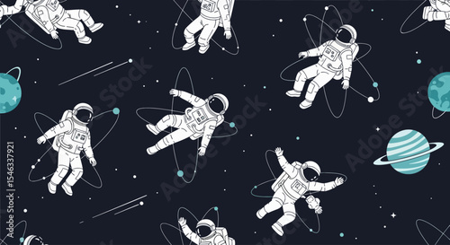 Seamless Pattern of  Astronauts Floating in Space – Kawaii Outer Space Vector with Stars, Planets, and Rocket Elements for Kids Designs