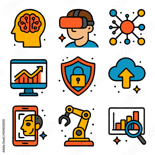 Icons of AI technology, data analysis, and security; suitable for tech presentations, websites, articles, and social media posts.