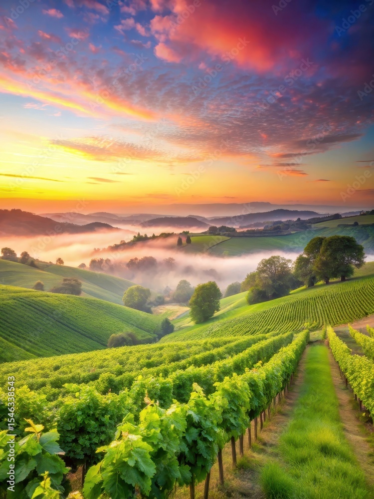 Fototapeta premium Soft pink sunrise peeks over rolling hills covered in lush green vines and grapes