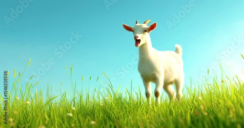 A happy white goat standing in a sunny green meadow