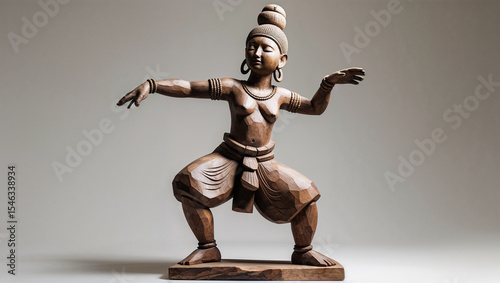 Wooden sculpture of apsara dancer in graceful pose capturing traditional southeast asian culture photo