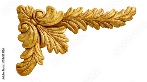 Intricate golden decorative corner element with floral design, isolated on white background.