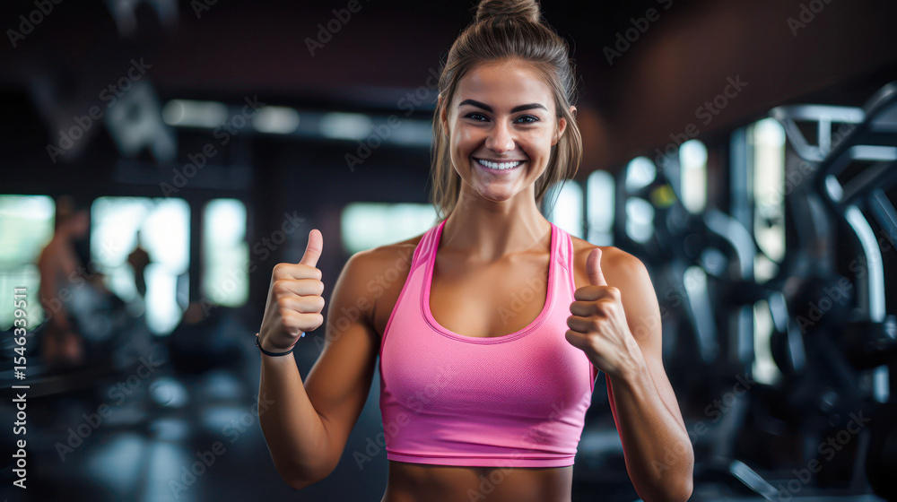 Fototapeta premium A fit young woman in a pink sports bra smiles and gives two thumbs up in a gym setting, radiating positivity and confidence.
