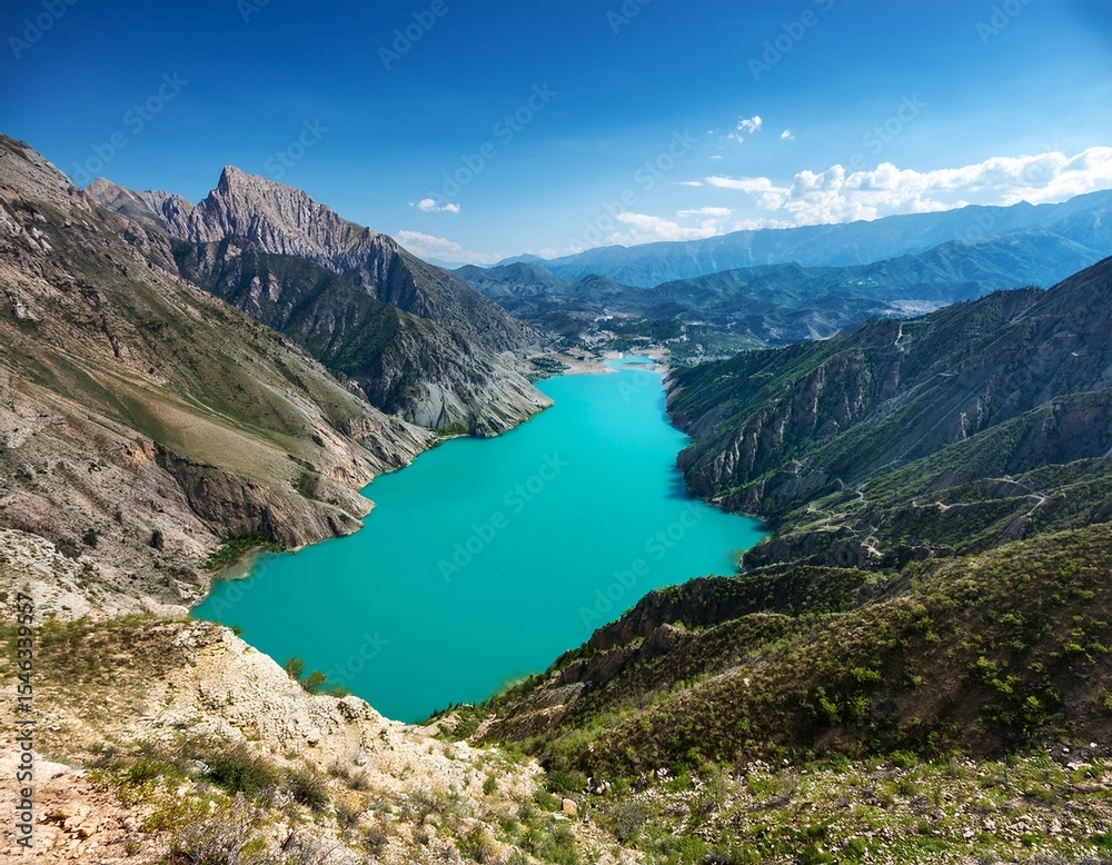 Fototapeta premium an eye catching top down view of a bright blue lake in the middle of mountains