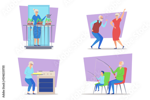 Four elderly characters engaged in various activities including gardening, dancing, cooking, and fishing. Joy and fulfillment in senior daily live