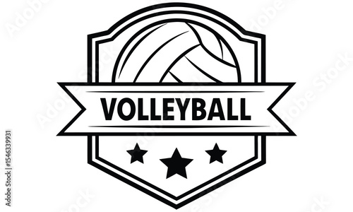 Black and white volleyball badge design with stars and ribbon