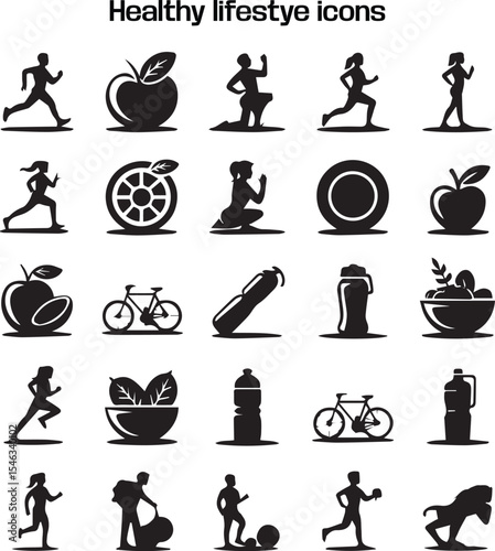 Healthy lifestyle icons set. Collection vector black outline logo for mobile apps web or site design, UI UX design