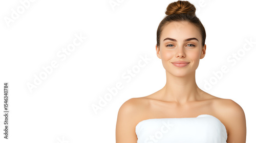 Smiling woman wrapped in a towel with a relaxed expression, perfect for beauty and wellness themes.