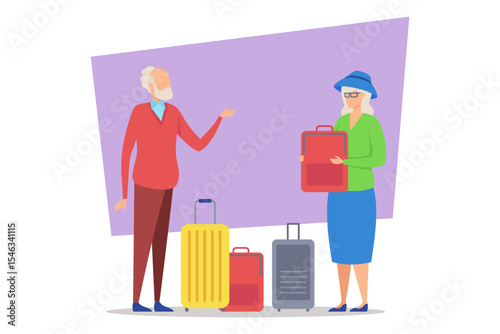 Elderly couple engaged in conversation while surrounded by colorful travel luggage. Woman holding suitcase, while man gesturing. Excitement about upcoming journey concept