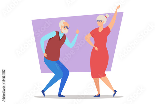 Elderly couple engaged in lively dancing, showcasing their carefree spirit. Woman wearing bright red dress while man dressed in sweater vest