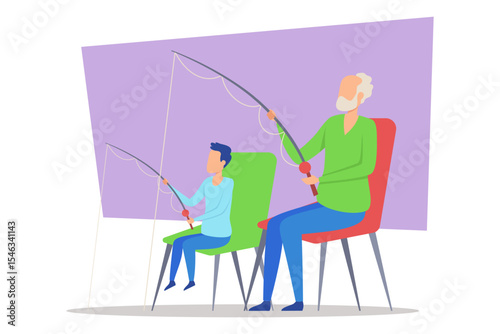 Elderly man and young boy sitting on colorful chairs, each holding fishing rods. Family sharing joyful moment as they engaged in fishing. Bond across generations concept