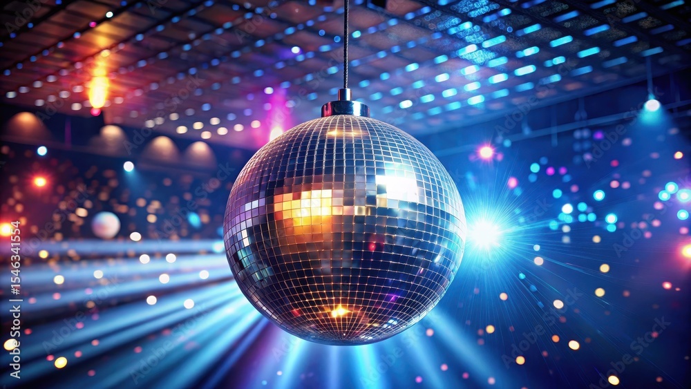 Fototapeta premium Sparkling disco ball suspended from the ceiling in a dimly lit nightclub atmosphere with flashing lights and dark decor