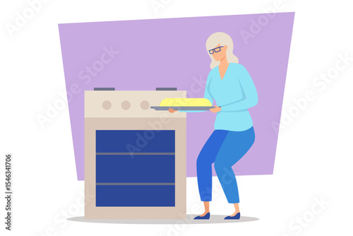 Elderly woman in blue outfit taking tray of food from oven. Kitchen with modern design against purple background looking inviting for cooking
