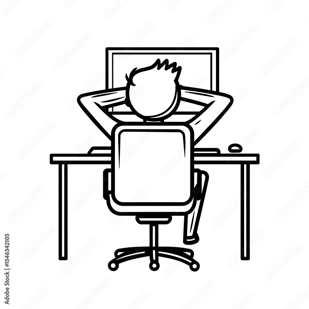 Fototapeta premium Person relaxing at desk in front of a computer, line art drawing