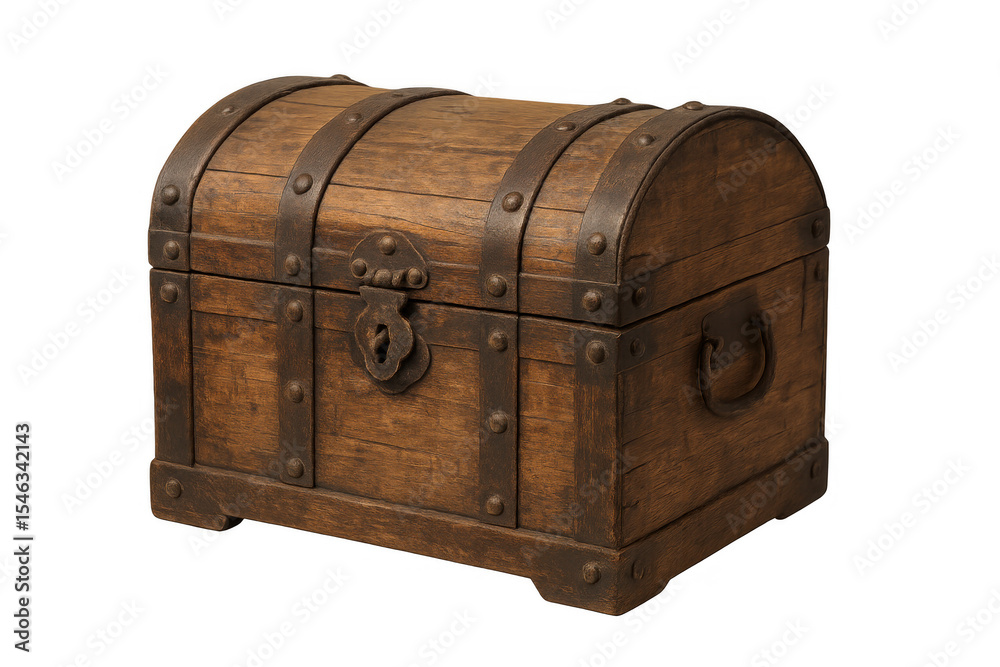 Closed wooden treasure chest with rusty metal reinforcements and lock, isolated on transparent background, ideal for compositing Closed wooden treasure chest with rusty metal reinforcements and lock, isolated on transparent background, ideal for compositing