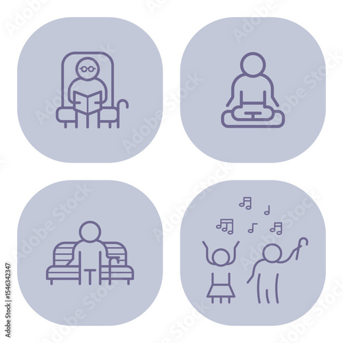 Icons of various activities for elderly, including reading, meditation, leisure relaxation, and dancing. Senior life concept