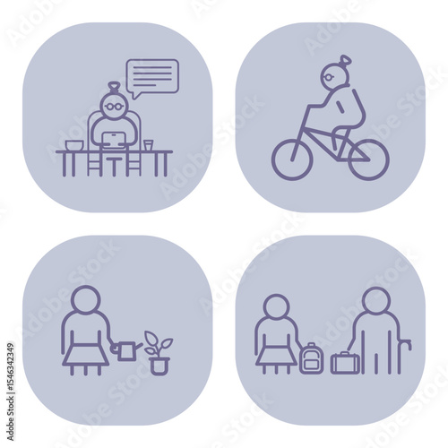 Collection of elderly individuals participating in daily activities such as conversing, cycling, gardening, and travelling. Senior daily lives concept