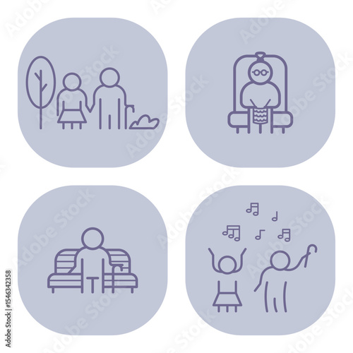 Collection of line icons depicting various activities involving elderly individuals. Companionship, leisure, and enjoyment concept