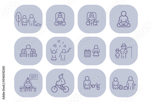 Collection of line icons representing elderly individuals engaging in diverse activities. Seniors walking, reading, meditating, and enjoying music, illustrating life stages