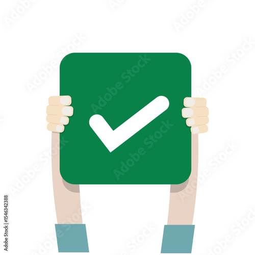 Isolated illustration of a hand holding a check mark, symbolizing correctness, right choice, and approval in a simple design.
