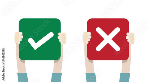 Bundle illustration of a hand holding a check mark and croos, symbolizing yes and no, right wrong choice, vote, score.