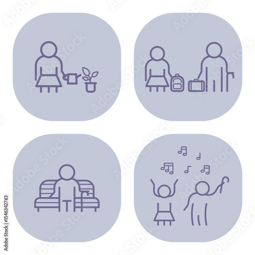 Four icons of elderly individuals involved in different activities, including gardening, traveling, enjoying music, and relaxing on bench