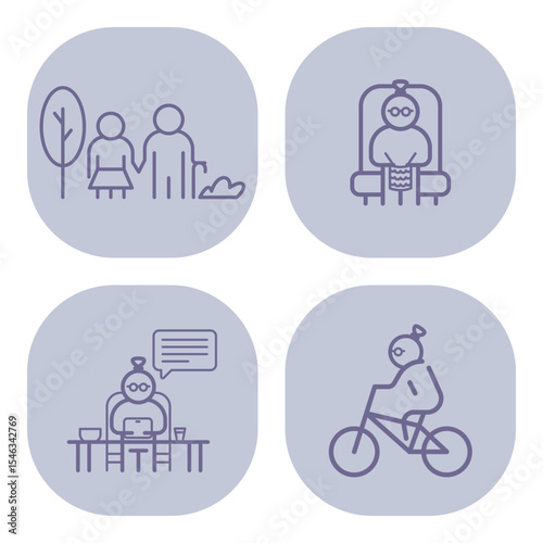 Four icons of elderly individuals in different settings. One couple walking in nature, another relaxing indoors, one using tablet while seated at table, and another riding bicycle