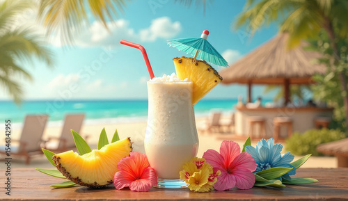 Refreshing Pina Colada Cocktail on a Tropical Beach