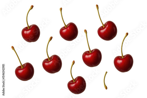 Fresh, juicy red cherries falling against a transparent background, perfect for food and beverage projects