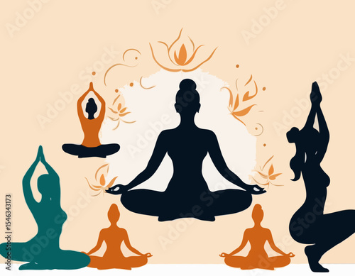 International Yoga Day background with vector silhouettes of women meditating and practicing yoga poses. Suitable for banner, poster, templates etc