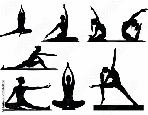 Women practicing Meditation and Yoga vector silhouette set, Girl stretching and relaxing her body in different fitness poses, isolated on white .