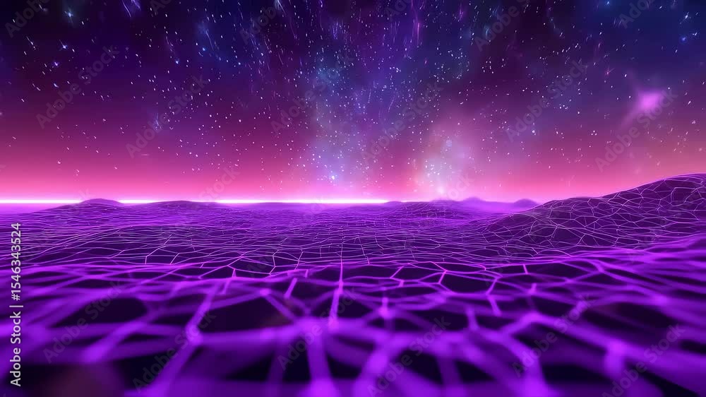Purple Energy Waves Flowing on Hex Grid Under Stars