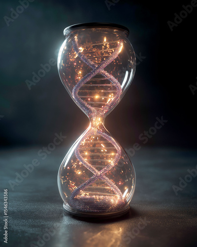 Biohacking technology longevity. Conceptual image of a DNA clock and biohacking visualization.