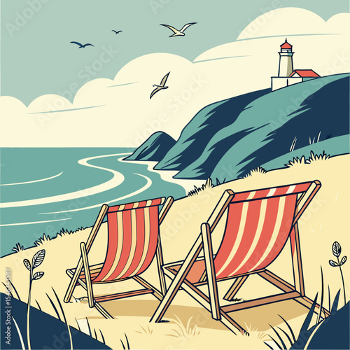Abstract Minimal Summer Poster with Sea, Sky, and Beach Chairs


