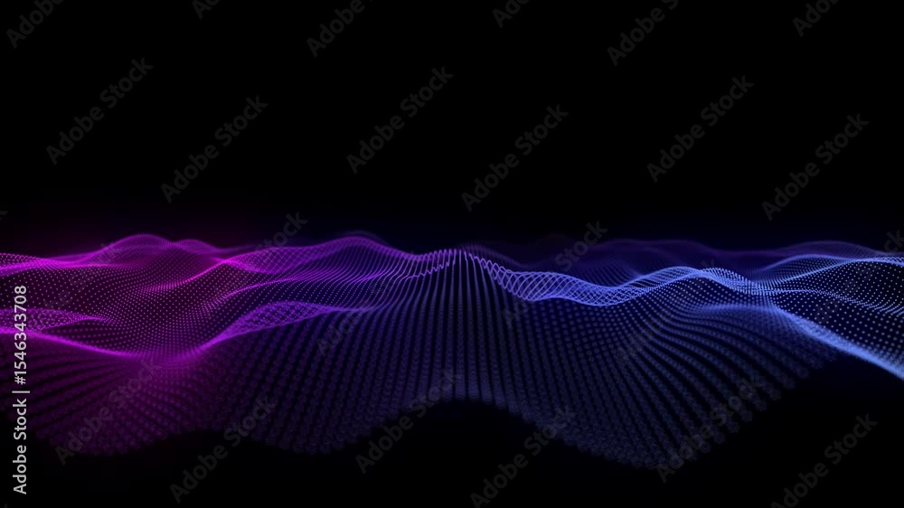 Abstract array dots in lines on surface from dots in dynamic wave animation. Wireframe of lines connecting point in cyberspace. Technology concept.