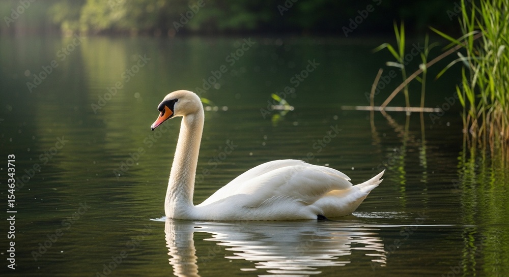 Fototapeta premium Elegant white swan gliding on a peaceful pond